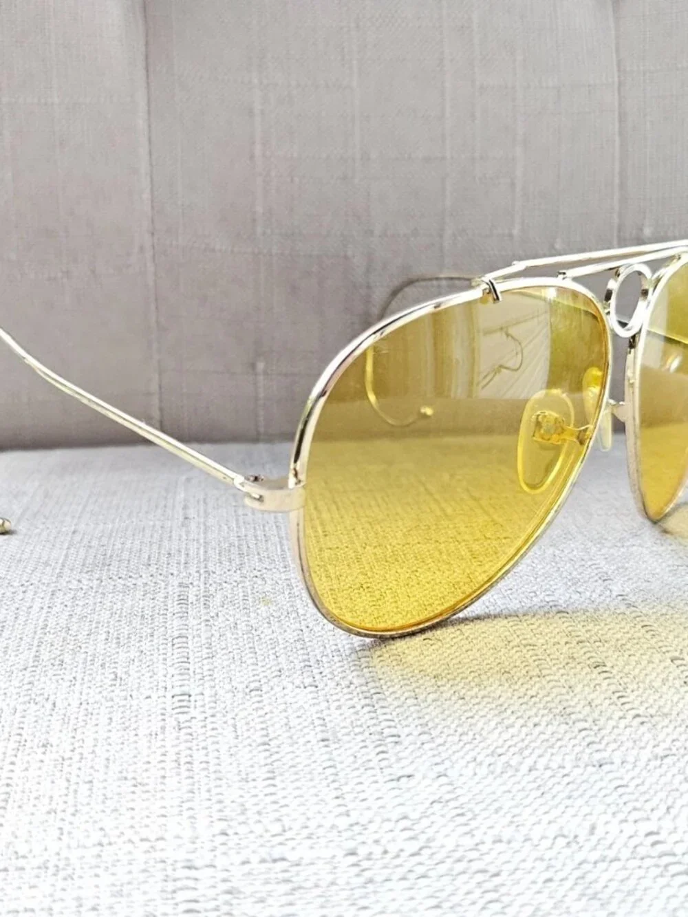 Vintage Men Sunglasses Yellow Tone Lenses Gold Tone Metal Frame Eyewear F.S